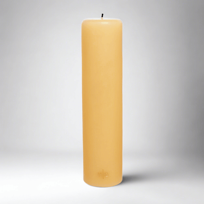 HG Amber Unscented Pillar Candle, 3"x12" paraffin, hand-dipped, with gold HG logo.