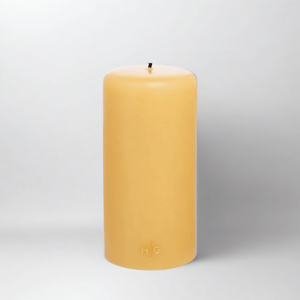 HG Amber Unscented Pillar Candle, 4"x8" paraffin with gold HG logo, oversized cotton wick.