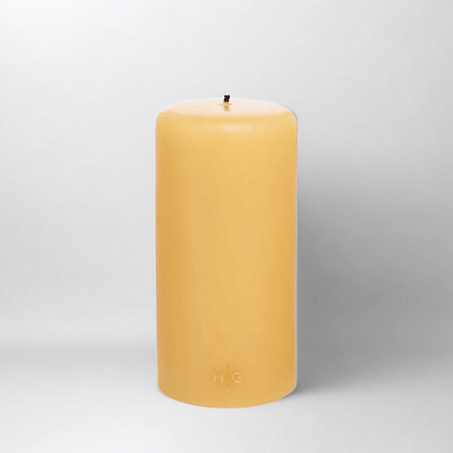 HG Amber Unscented Pillar Candle, 4"x8" paraffin with gold HG logo, oversized cotton wick.