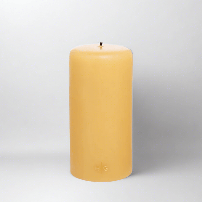 HG Amber Unscented Pillar Candle, 4"x8" paraffin with gold HG logo, oversized cotton wick.