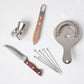 HG Bar Tool Gift Set: Silver stainless steel bar tools with wood accents, including a stopper, knife, strainer, and picks.