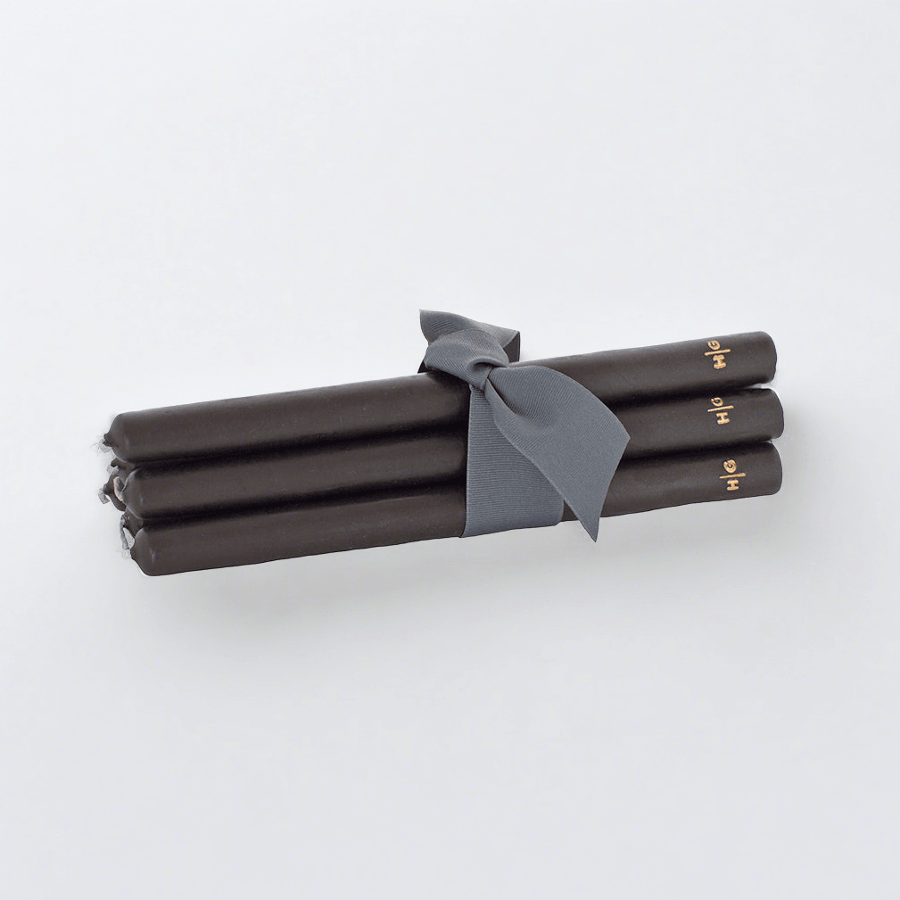 HG Black Unscented 10" Taper Candle Bundle, Set of 5, tied with a gray ribbon.