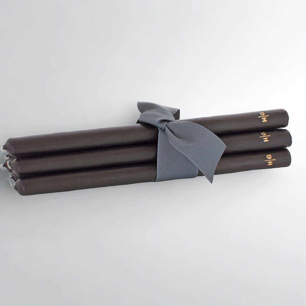 Set of 5 HG Black 17" unscented taper candles, hand-dipped paraffin, tied with a gray ribbon.