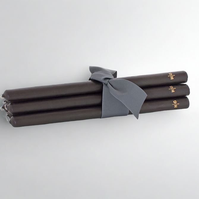 Set of 5 HG Black 17" unscented taper candles, hand-dipped paraffin, tied with a gray ribbon.