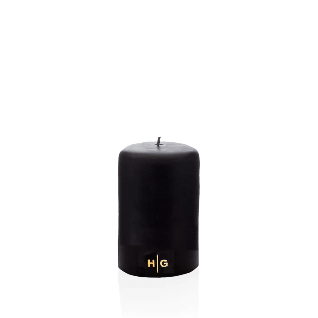 HG Black Unscented Pillar Candle, 3"x4", with gold embossed HG logo.