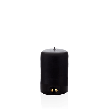 HG Black Unscented Pillar Candle, 3"x4", with gold embossed HG logo.