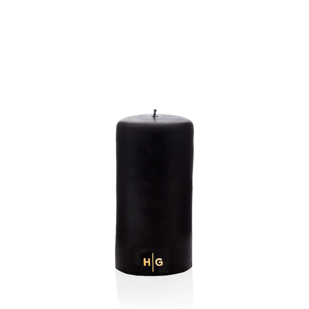 HG Black Unscented Pillar Candle, 3"x6", with gold HG logo.