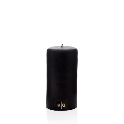 HG Black Unscented Pillar Candle, 3"x6", with gold HG logo.