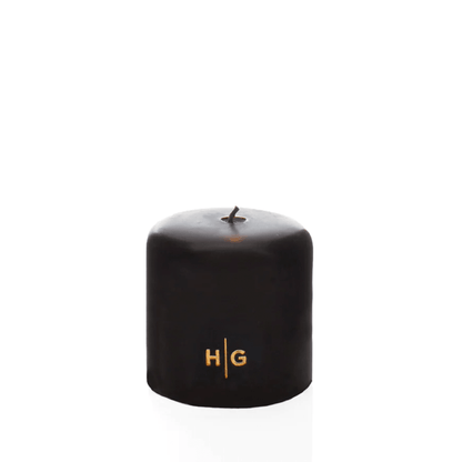 HG Black Unscented Pillar Candle, 4"x4", with gold HG logo, oversized cotton wick.