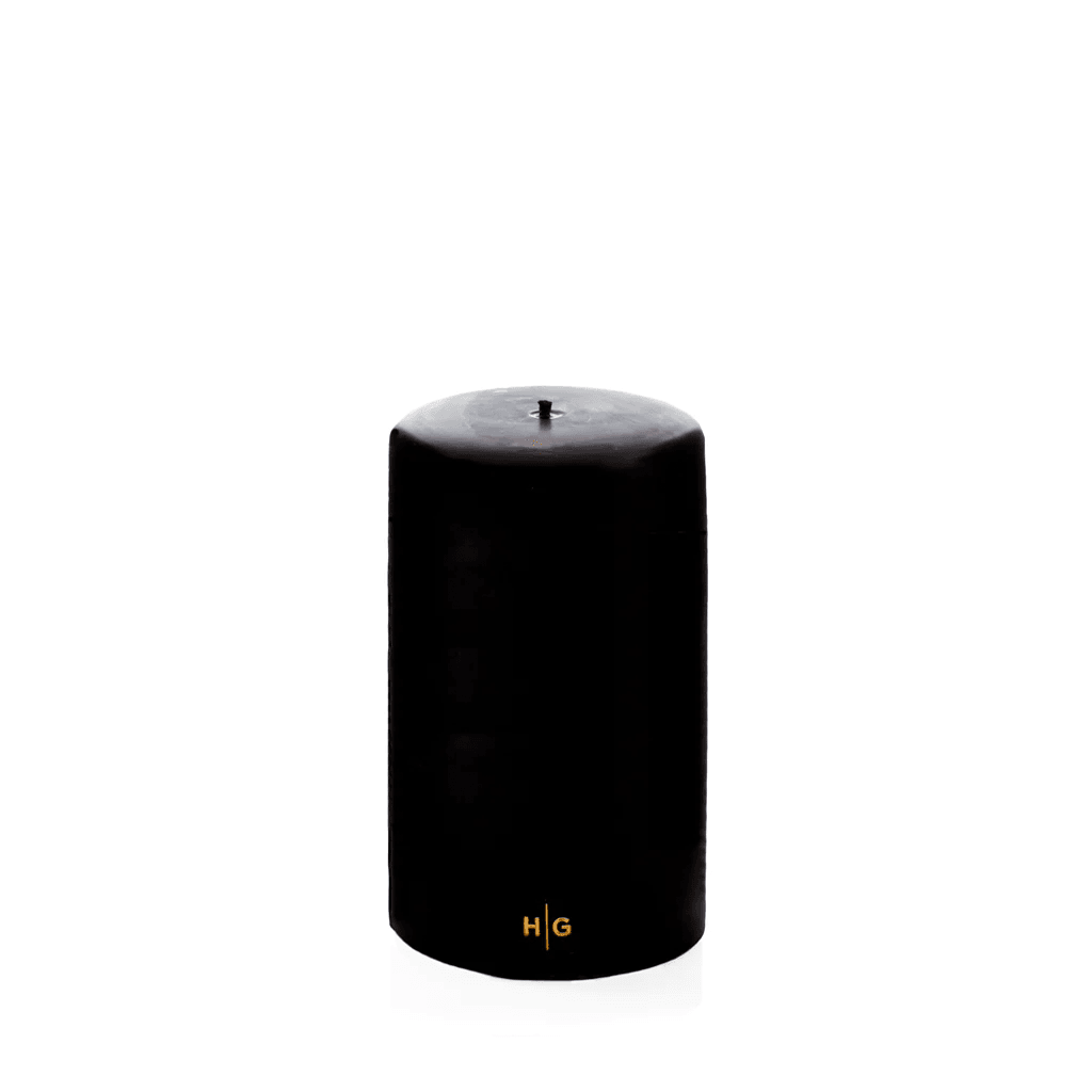 HG Black Unscented Pillar Candle, 4"x6", with gold embossed HG logo.