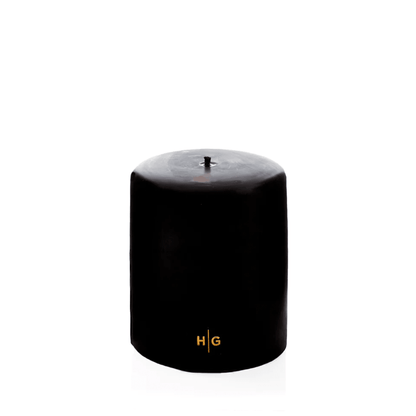 HG Black Unscented Pillar Candle, 5"x6", hand-dipped paraffin with gold HG logo.