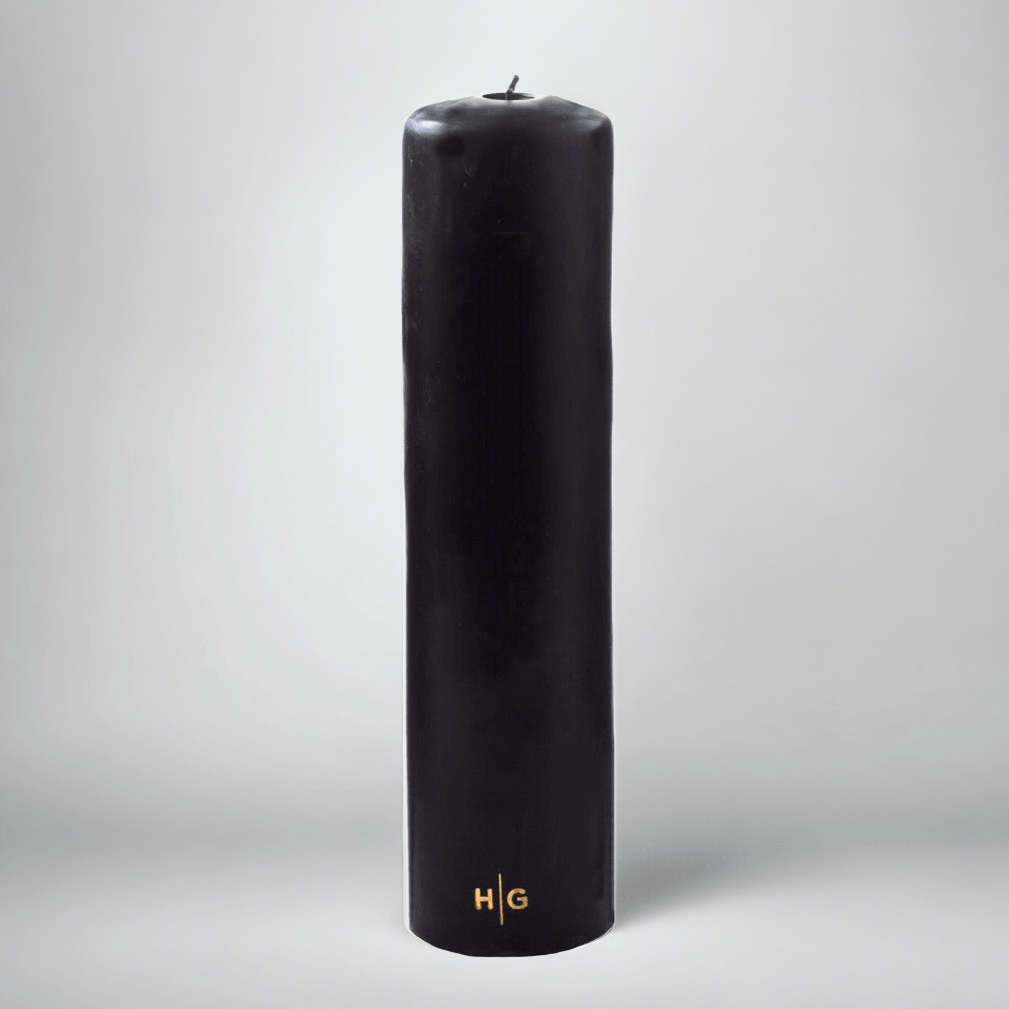 HG Black Unscented Pillar Candle, 3"x12", with gold HG logo and oversized cotton wick.