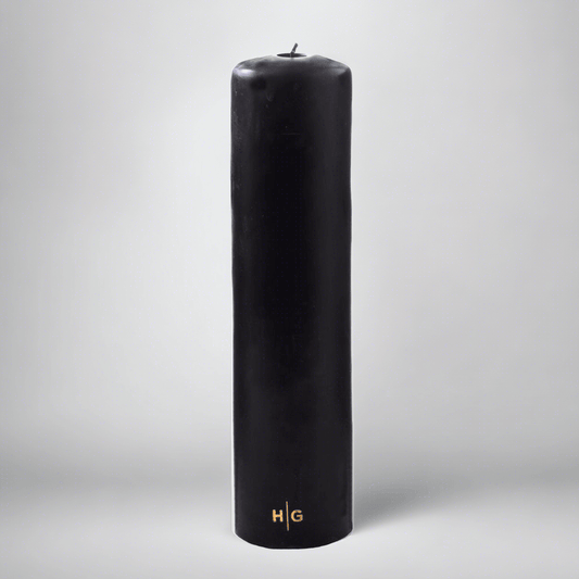 HG Black Unscented Pillar Candle, 3"x12", with gold HG logo and oversized cotton wick.