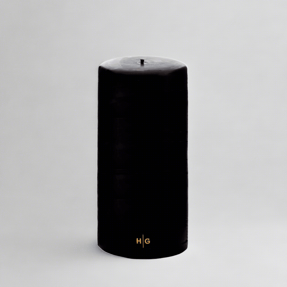 HG Black Unscented Pillar Candle, 4"x8", with gold HG logo, oversized cotton wick.