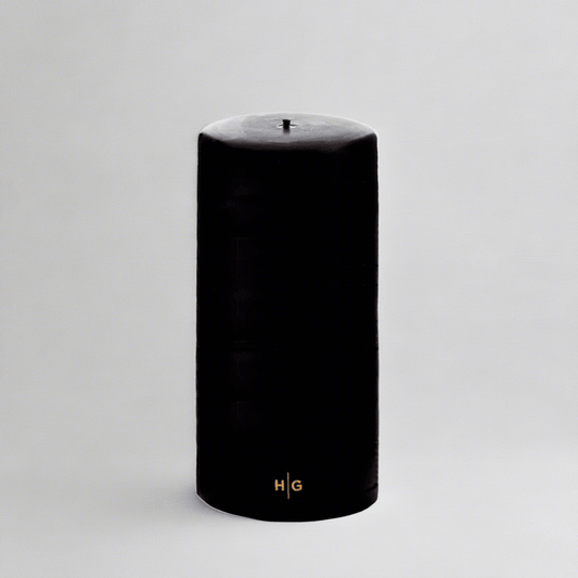 HG Black Unscented Pillar Candle, 4"x8", with gold HG logo, oversized cotton wick.