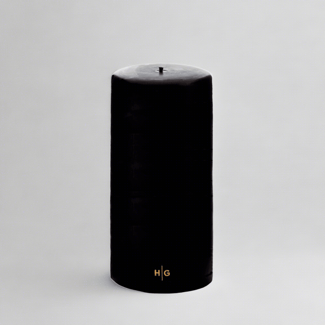 HG Black Unscented Pillar Candle, 4"x8", with gold HG logo, oversized cotton wick.