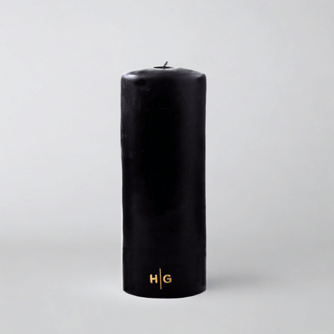 HG Black Unscented Pillar Candle, 3"x8", with gold embossed HG logo.