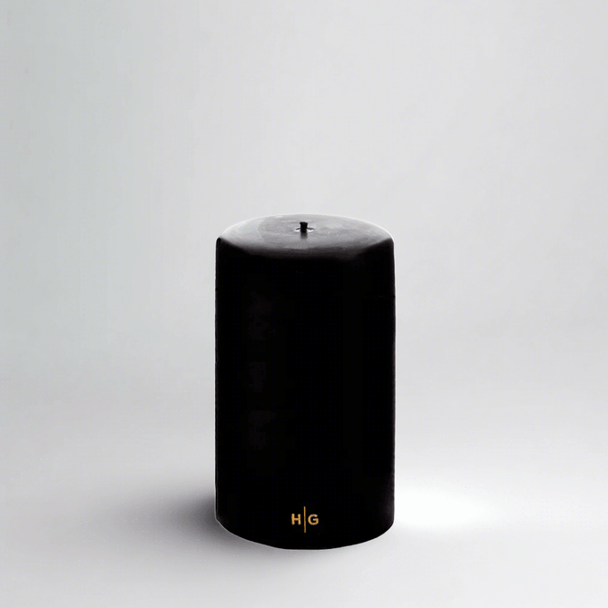HG Black Unscented Pillar Candle, 4"x6", with gold HG logo.