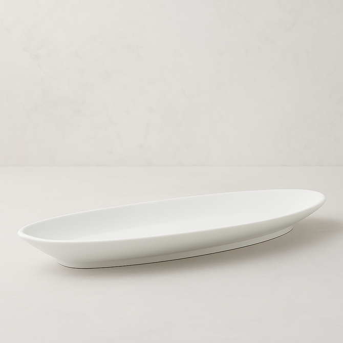 HG Classic white porcelain oval serving platter, 18.5" long, with a subtle black rim.