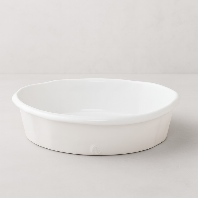 Handmade Montes Doggett HG Ceramic Round Baking Dish, creamy white glaze, 11"Dia.