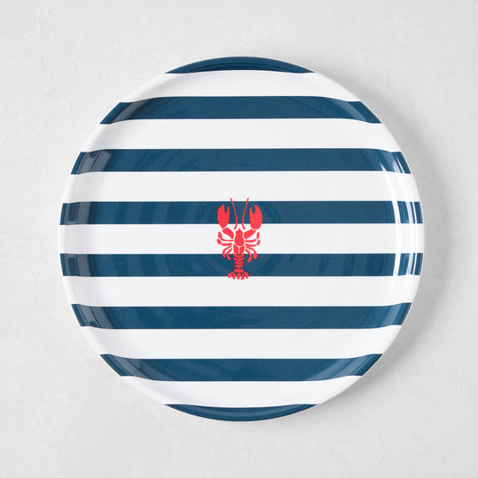 HG Melamine 8" salad plate with navy blue stripes and a red lobster design.