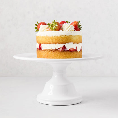 HG Original Small Pedestal Cake Stand, creamy white ceramic, 10.5" Dia, with strawberry cake.