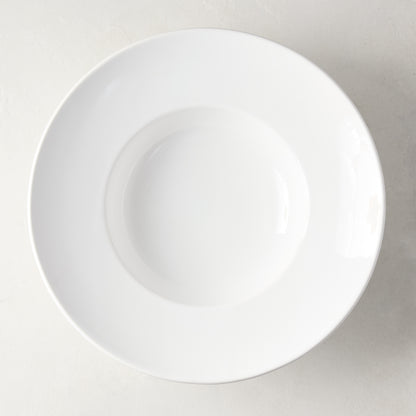 White ceramic wide-rim soup bowl, 9" diameter, top-down view.