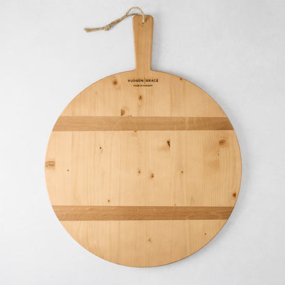 Round HG Reclaimed Wood Serving Board, 19.5"Dia, light brown with two darker wood strips, rope handle.