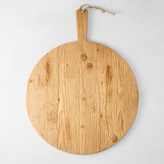 Round reclaimed wood serving board with handle and rope, natural light brown finish, 19.5" diameter.