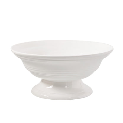 White ceramic footed bowl, 11.5" round, with horizontal ridges.