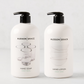 Two white Hudson Grace Sweet Basil bottles with black pumps: Hand Soap with glasses graphic, Hand Lotion with bowls graphic.