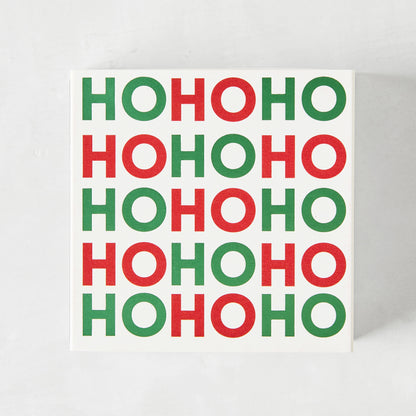 White square matchbox with "HOHOHO" in alternating red and green text.