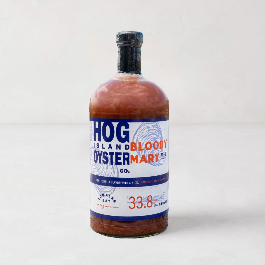 Hog Island Bloody Mary Mix, 33.8oz glass bottle with blue and white label, red text.