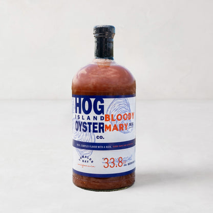 Hog Island Bloody Mary Mix, 33.8oz glass bottle with blue and white label, red text.