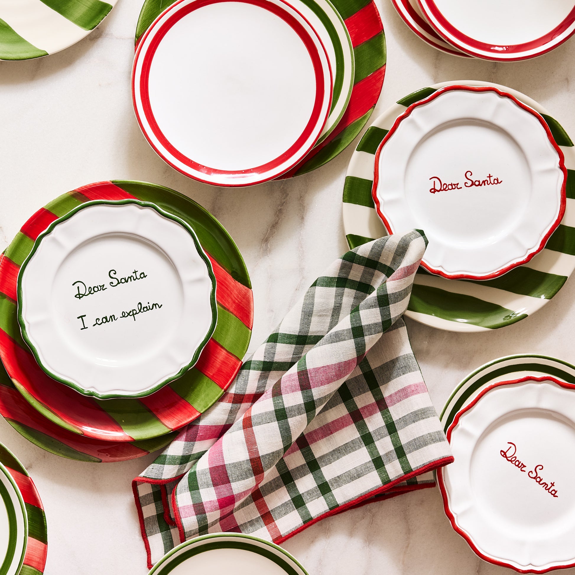 Holiday Green and Red Gingham Cotton Napkin, 22" square, with embroidered red trim.