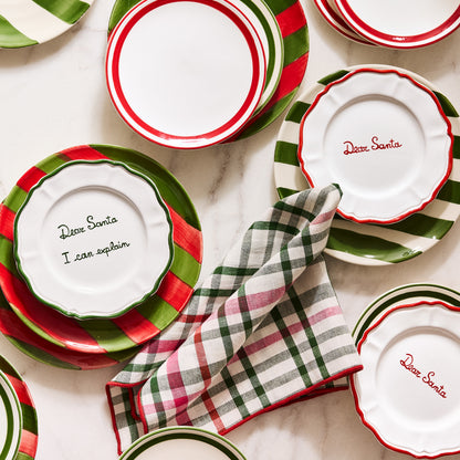 Holiday Green and Red Gingham Cotton Napkin, 22" square, with embroidered red trim.