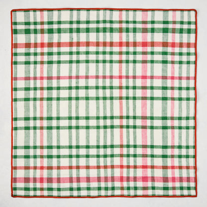 Holiday green and red gingham cotton napkin with embroidered red trim, 22" square.