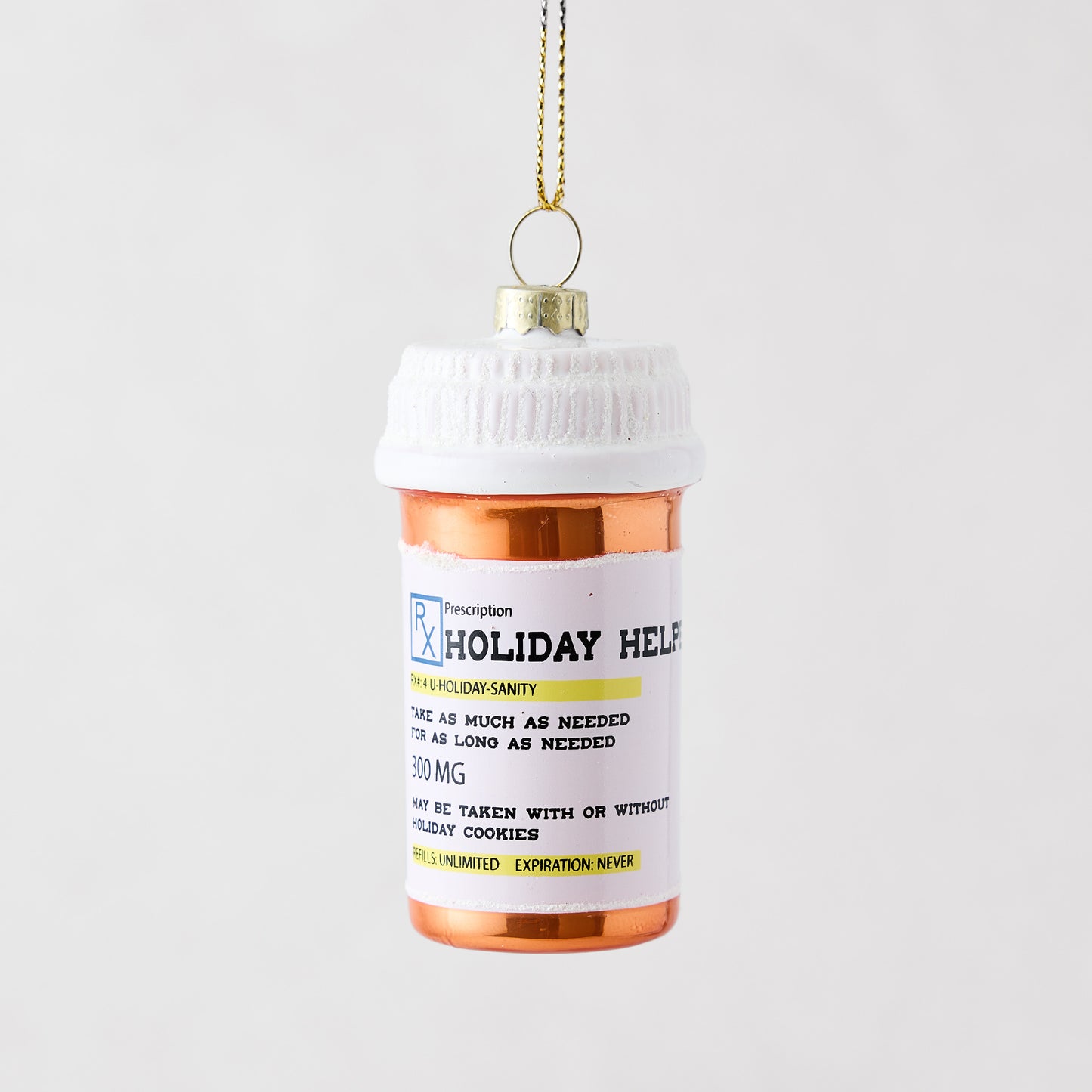 Mouth-blown glass and resin prescription bottle ornament featuring a white cap and Holiday Helpers label.