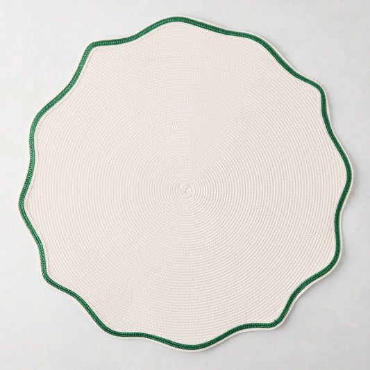 16-inch round off-white woven nylon placemat with a scalloped edge and pine green piped border.