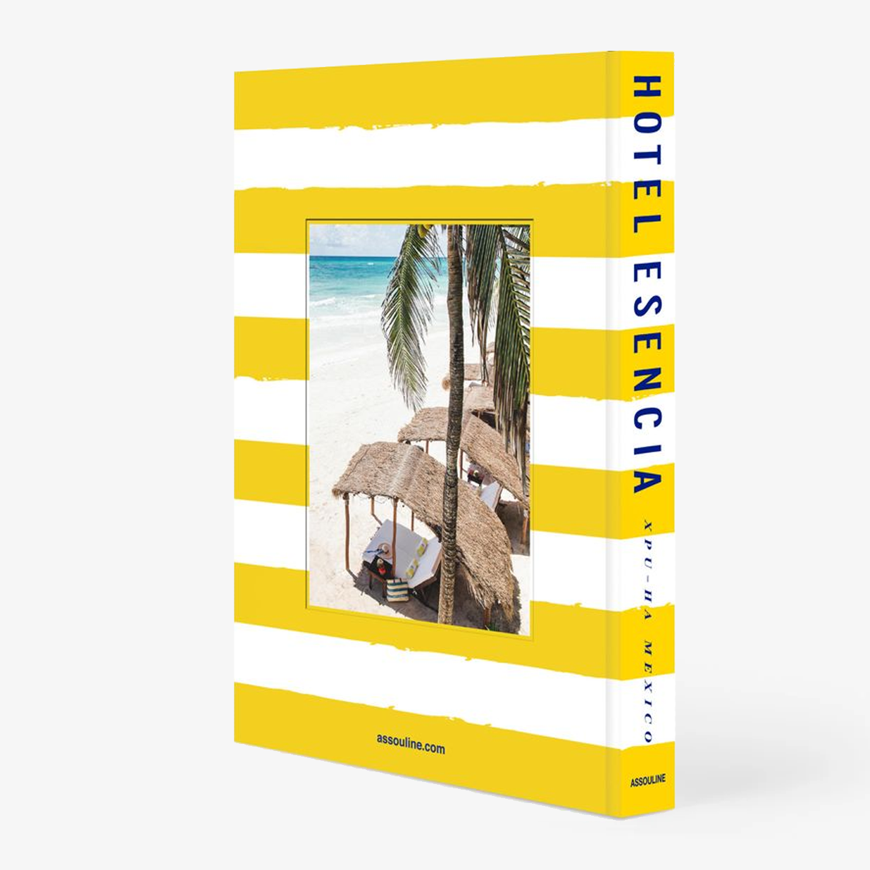 Hotel Escenica" book with yellow and white stripes, featuring a beach scene with palm trees and cabanas.