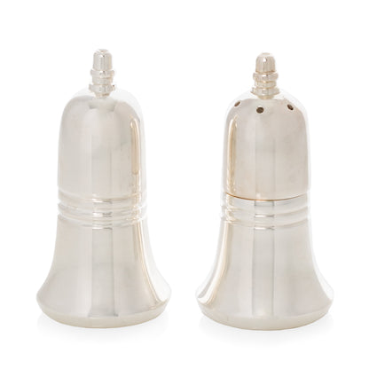 Silverplate bell-shaped salt and pepper shakers with minimalist design.