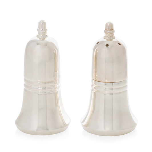 Silverplate bell-shaped salt and pepper shakers with minimalist design.