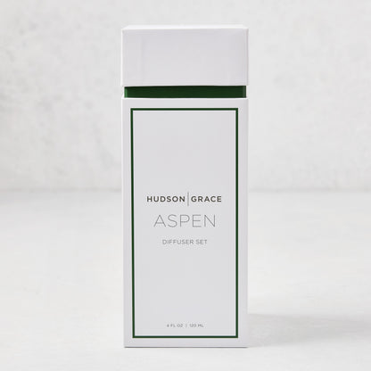 Hudson Grace Aspen Scented Reed Diffuser set in white box with green trim, 4 fl oz.
