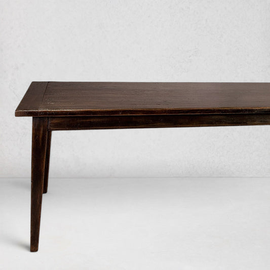 Hudson Grace Auberge extendable dining table in mahogany oak with a vintage patina and simple tapered legs.