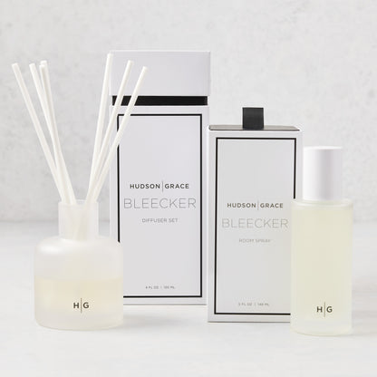 Hudson Grace Bleecker Room Spray and Diffuser Gift Set with minimalist frosted glass vessels and white packaging.