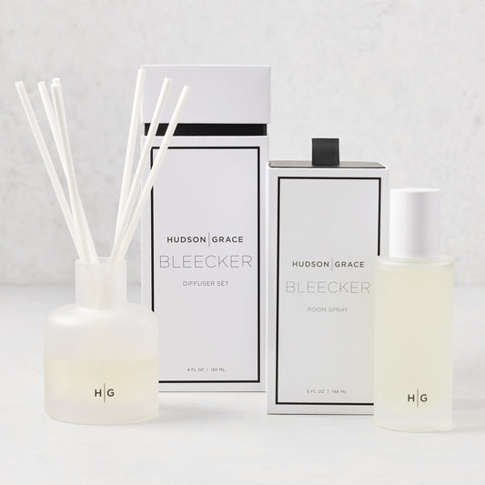 Hudson Grace Bleecker Room Spray and Diffuser Gift Set with minimalist frosted glass vessels and white packaging.