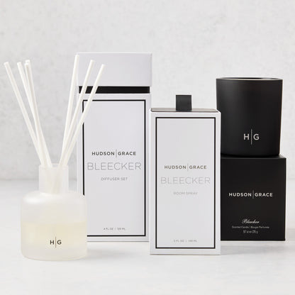 Hudson Grace Bleecker Scent Gift Set: white diffuser, room spray, and black candle with packaging.