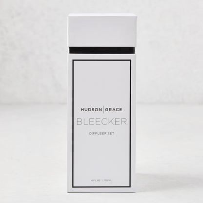 Hudson Grace Bleecker Scented Reed Diffuser set in a white box with black text, 4 fl oz.