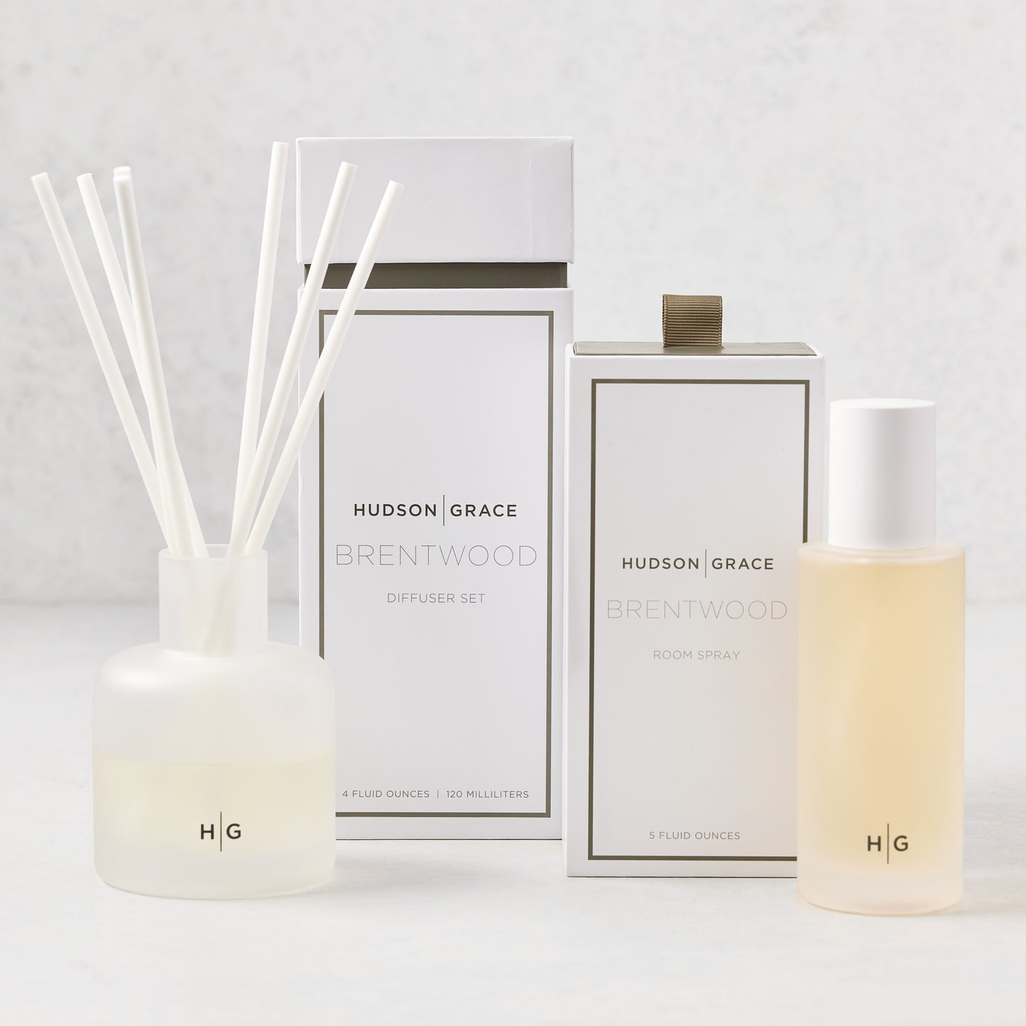 Hudson Grace Brentwood diffuser and room spray gift set with frosted glass bottles and white packaging.