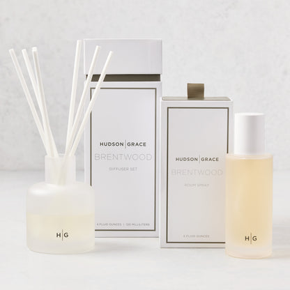 Hudson Grace Brentwood diffuser and room spray gift set with frosted glass bottles and white packaging.
